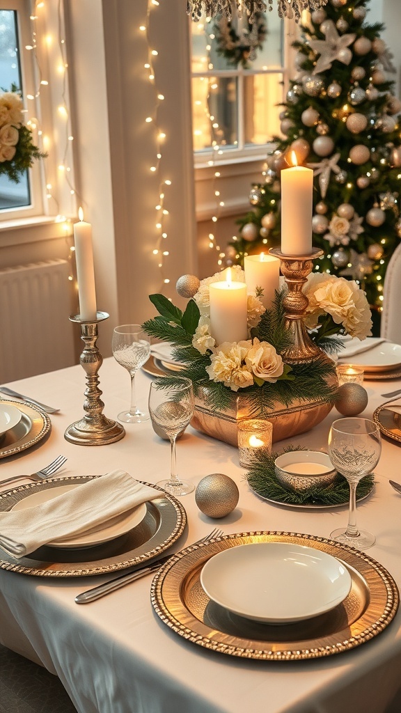 Elegant Christmas table set with silver and white decorations, including candles, flowers, and ornaments.